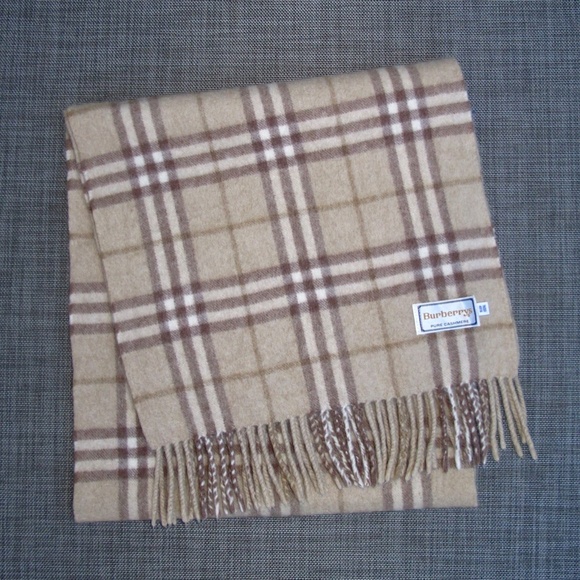 BURBERRYS Pure Cashmere Nova Plaid Scarf Tan Brown Natural 11.75 x 53 - Picture 1 of 10